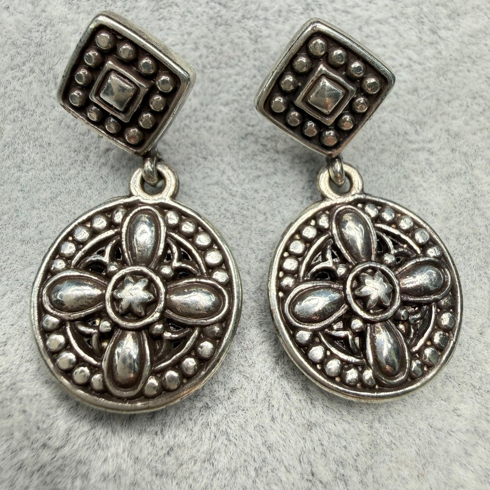 Retired Brighton Silver Tone Drop Earrings Heart Southwestern Boho Ornate Floral